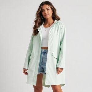 RAINS Denmark Long Jacket Mineral Green PU Waterproof Fishtail Raincoat Large